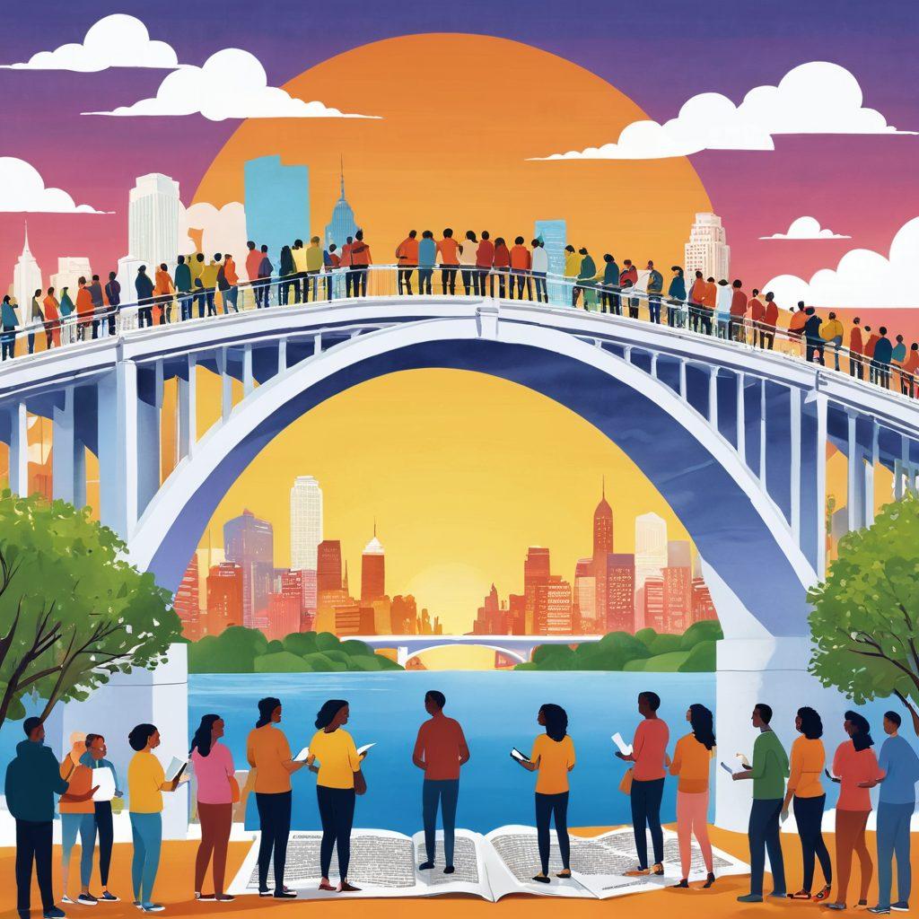 A digital illustration of diverse individuals collaborating on a large bridge made of online journal pages, symbolizing connection and community engagement. Each journal page displays vibrant snippets of stories, art, and discussions, with people smiling and interacting as they build the bridge together. The background features a sunny, inviting skyline, and the scene radiates inclusivity and creativity. super-realistic. vibrant colors. white background.