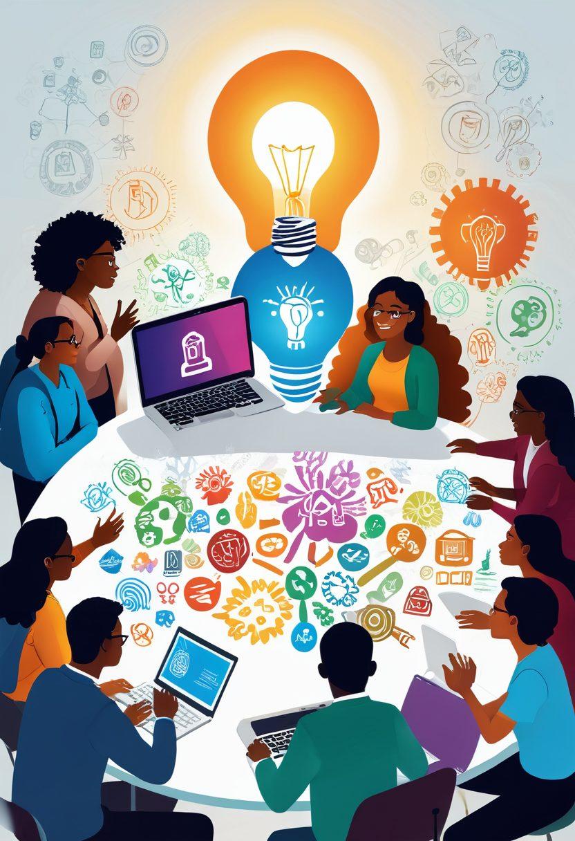 A diverse group of individuals gathered around a large, open laptop, passionately discussing ideas and sharing information about community projects. Vibrant illustrations of various nonprofit logos and a glowing light bulb symbolizing innovation hover above them. In the background, imagery of various community buildings and engaged citizens adds depth. Warm colors radiate positivity and collaboration. super-realistic. vibrant colors. white background.