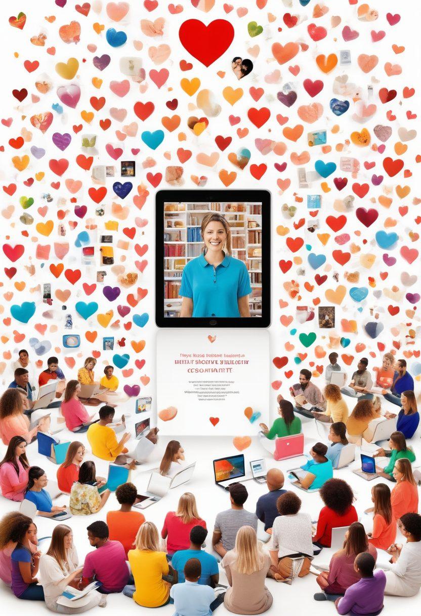 A vibrant collage displaying diverse individuals engaged in charity work, surrounded by digital devices showcasing e-books and articles. Elements like hearts, community icons, and positive interaction beams connecting them, embodying empowerment through information. A warm, uplifting color palette to evoke a sense of hope and collaboration. super-realistic. vibrant colors. white background.